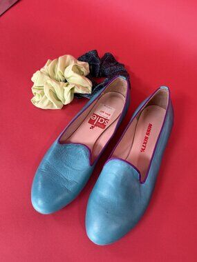 Y2K MISS SIXTY Leather Loafers + Upcycled Scrunchie Set | Turquoise Ballet Flats